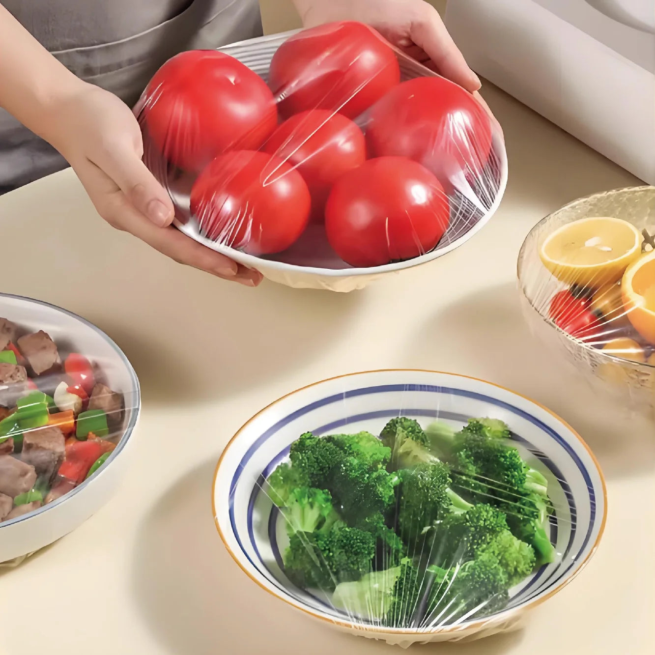 100pcs PE Food-Grade Elastic Plastic Wrap Dish Plate Cling Film Cover Disposable Dinnerware Tableware Preservative Cover