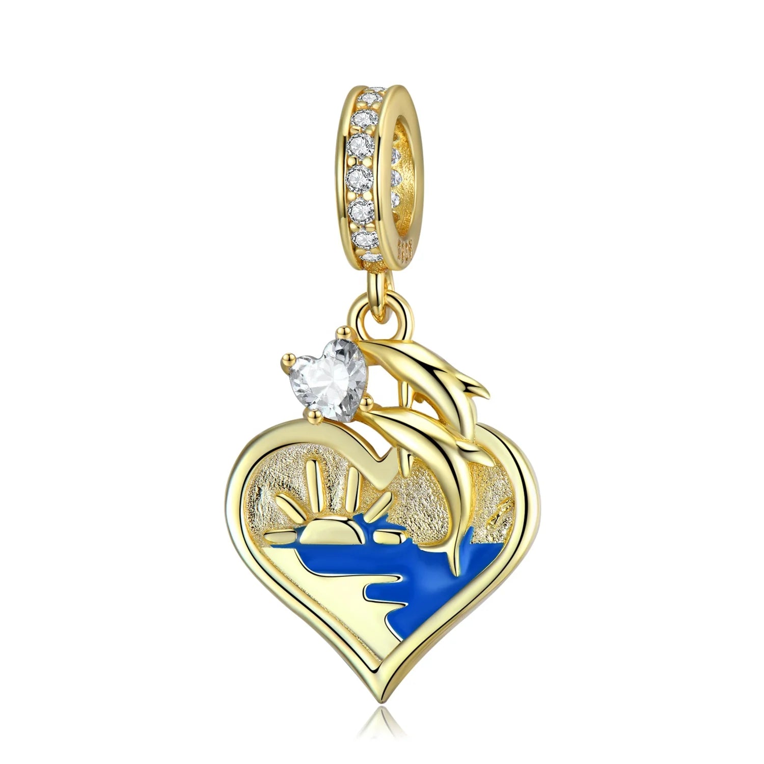 Dolphin Love Gold Plated Pendant 925 Sterling Silver with Zircon for Women Charm Bead Fine Jewelry Bracelet Necklace Wholesale