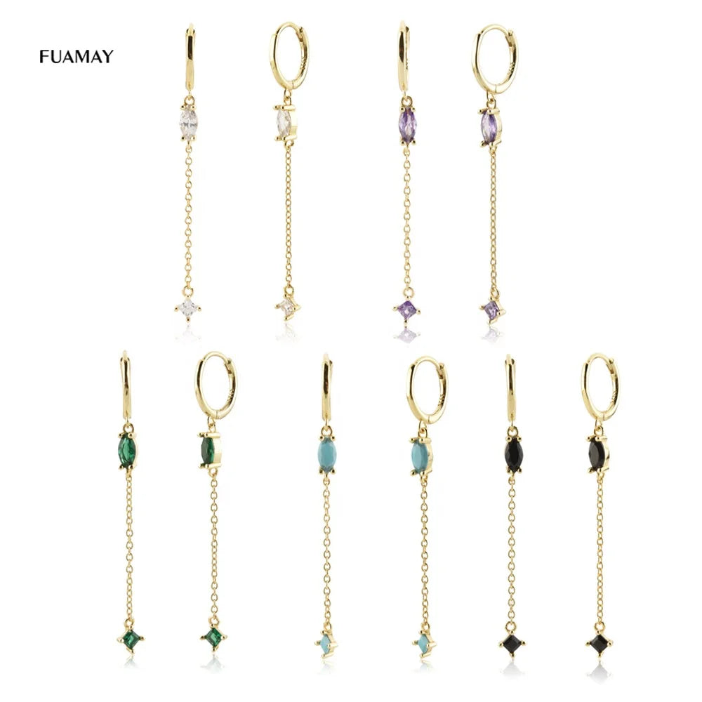 FUAMAY S925 Long Tassel Stud Earrings Bohemian Jewelry Geometric Square CZ Tassel Stud Earrings Hoop