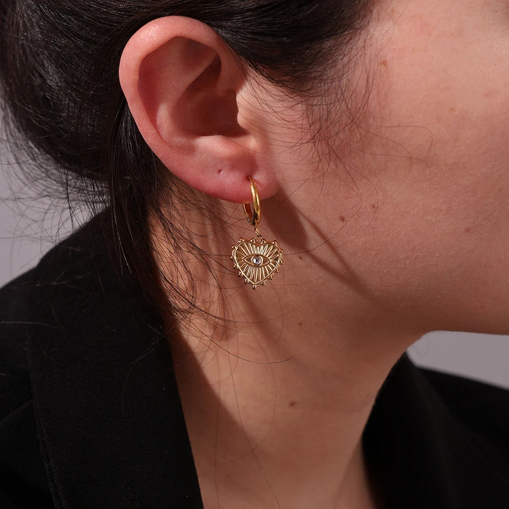 Fashion Design Eye With Zitcon Heart Shaped Pendant Earrings 18K Gold Plated Stainless Steel Dangle Earring Jewelry Non Tarnish