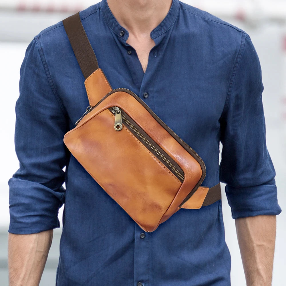 Tiding Bag 2023 New Design Logo Soft Men's 100% Pure Full Grain Leather Chest Sling Bag Daily Fanny Pack for Men Waist Bag
