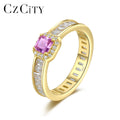 CZCITY Pink Cubic Zirconia Diamond 18K Gold Plated Finger Rings Women S925 Sterling Silver Engagement Wedding Ring