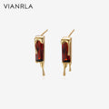 VIANRLA 925 Sterling Silver Jewelry Ear Studs Red Zircon Stone 18k Earring Rectangle Share Pendant for Women Wholesale