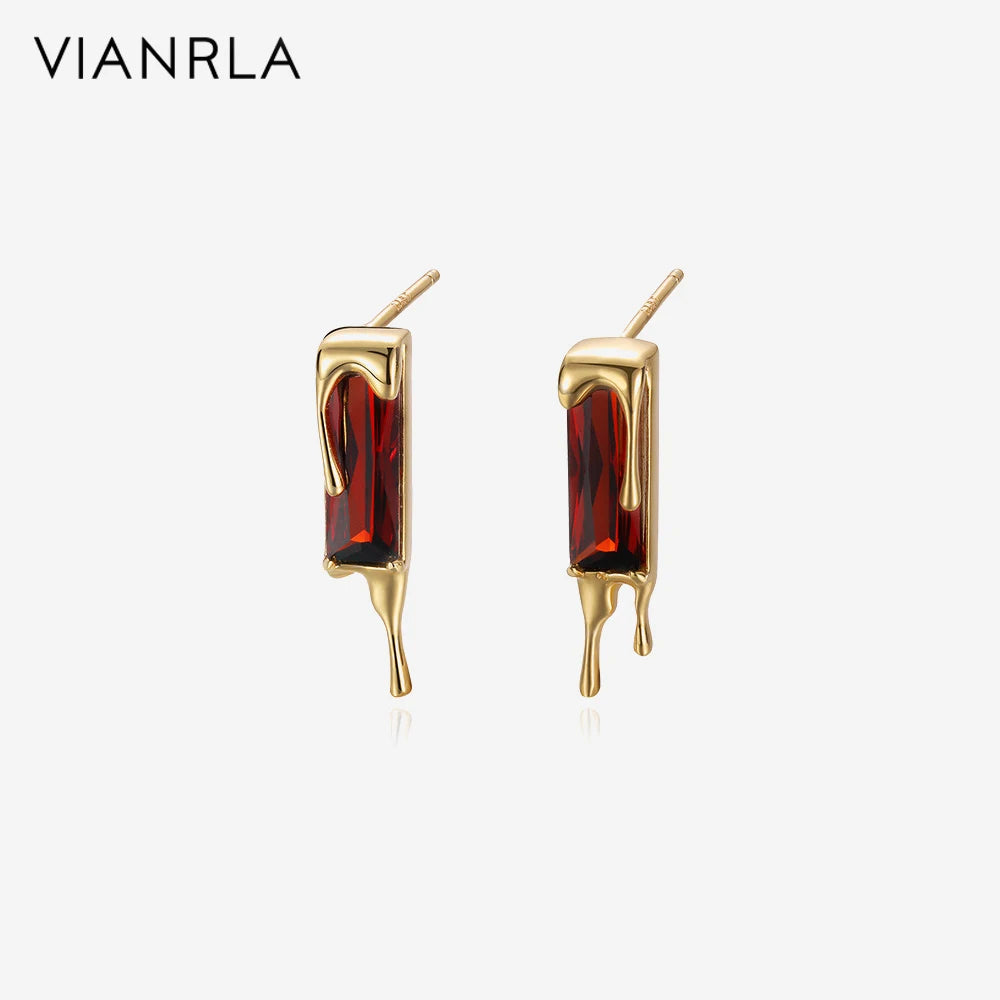 VIANRLA 925 Sterling Silver Jewelry Ear Studs Red Zircon Stone 18k Earring Rectangle Share Pendant for Women Wholesale