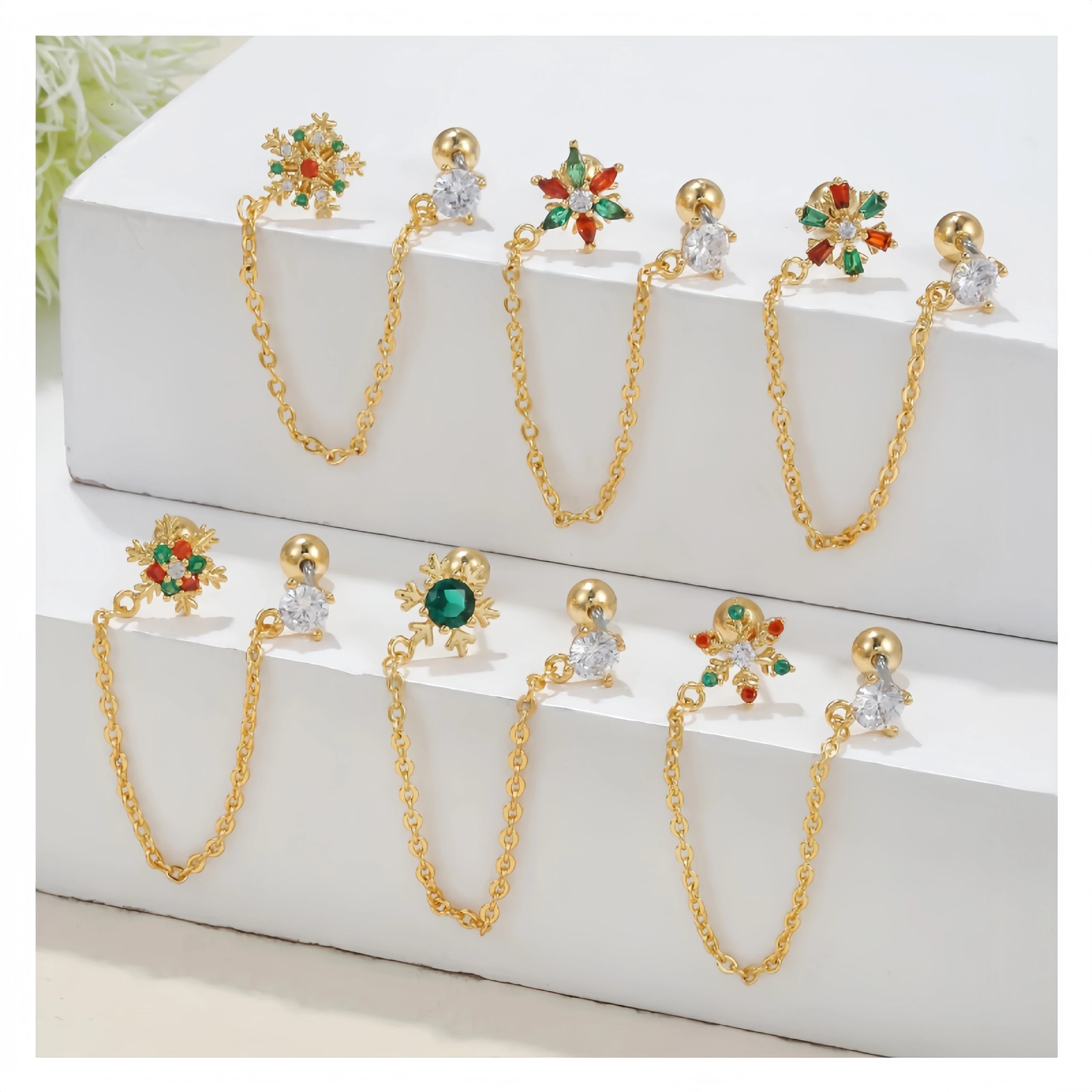 Christmas Jewelry Zircon Silver Gold Plated Snowflake Stud Earrings Fashionable New Rhinestone Long Chain Stud Earring for Women