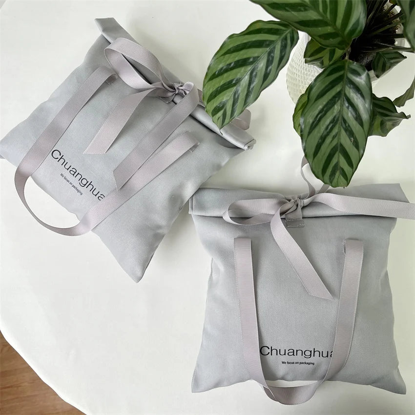 CH Custom Luxury Cotton Tote Bag with Ribbon Bow Handle Folding Twill Cotton Pouch Roll for Shopping