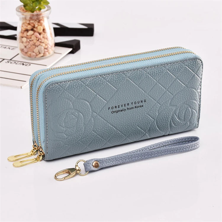 Female Wax Pu Leather Retro Slim Double Zip Wallets Woman Ladies Purses