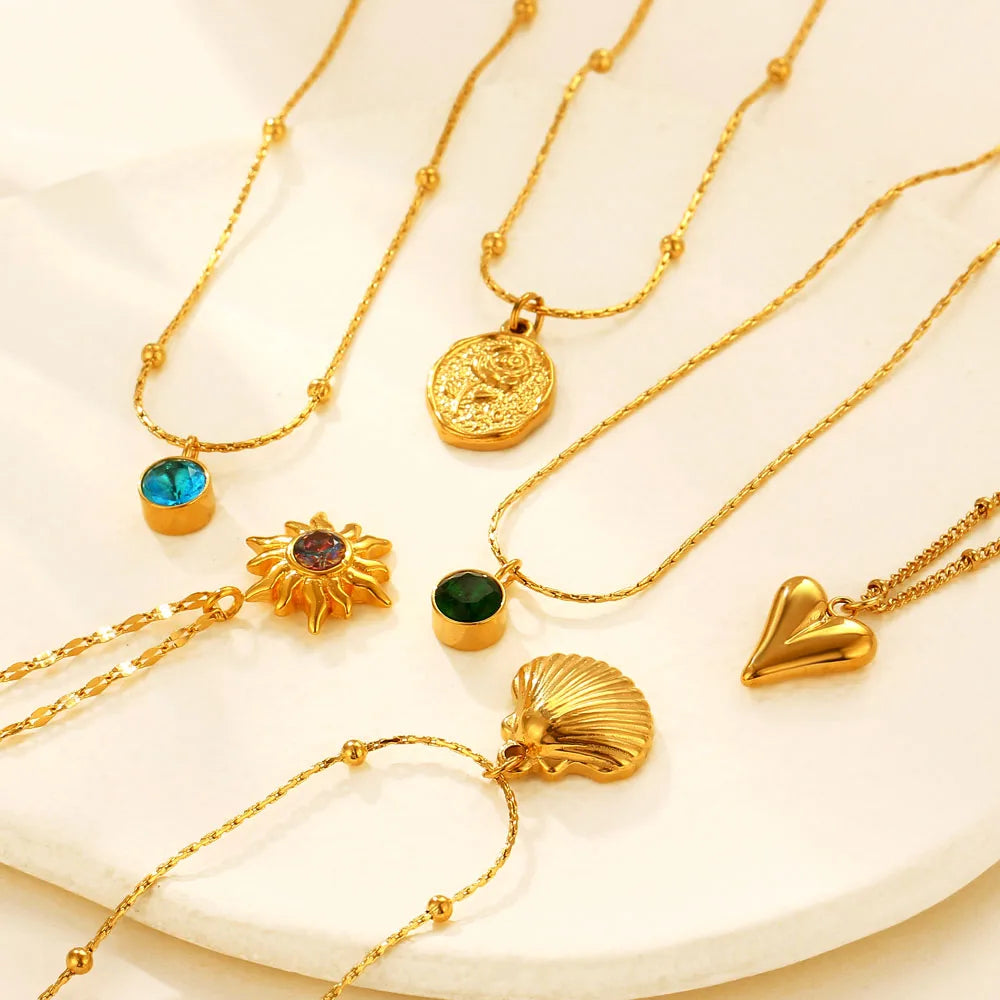 Female Elegant Sun Necklace Cubic Zirconia Cz Pendants Charm Gold Women Choker Floral Rose Flower Necklaces Stainless Steel