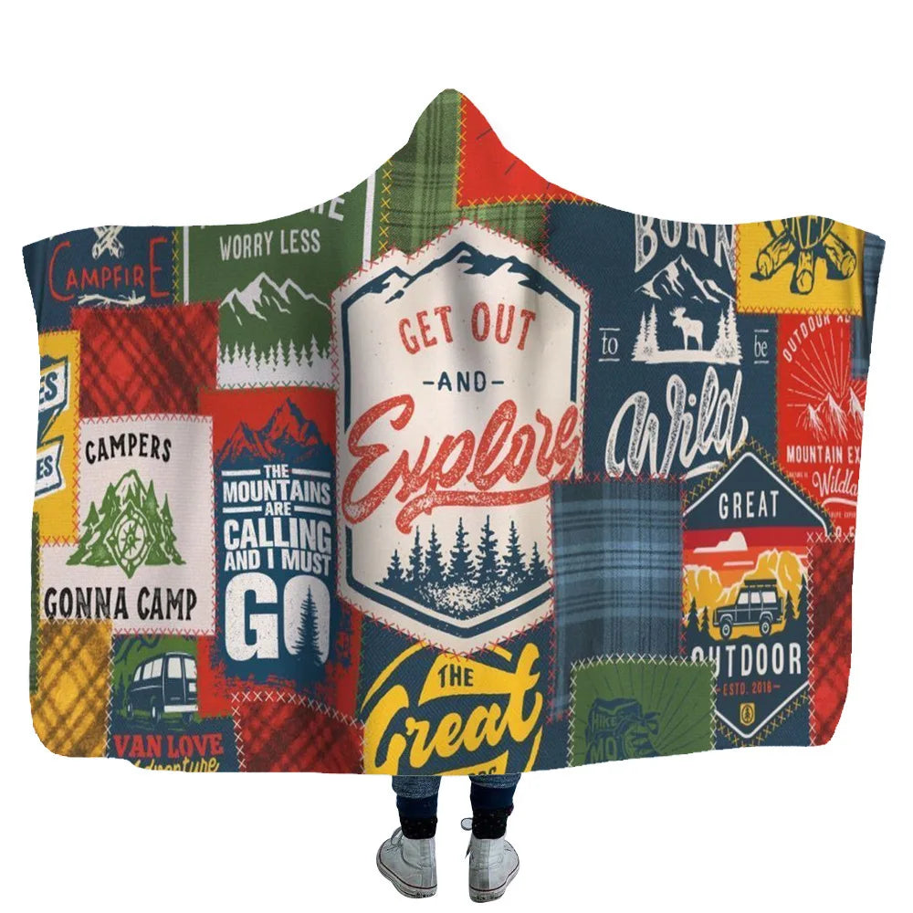 Custom Logo Cozy Hooded Wearable Flannel Fleece Blanket Oversized Plush Throw for Outdoor Promotions