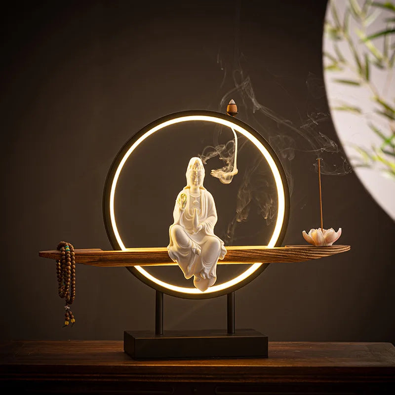 2024 Creative White Porcelain Zen Home Decoration Aromatherapy Stove Backflow Led Light Ceramic Buddha Statue Incense Burner
