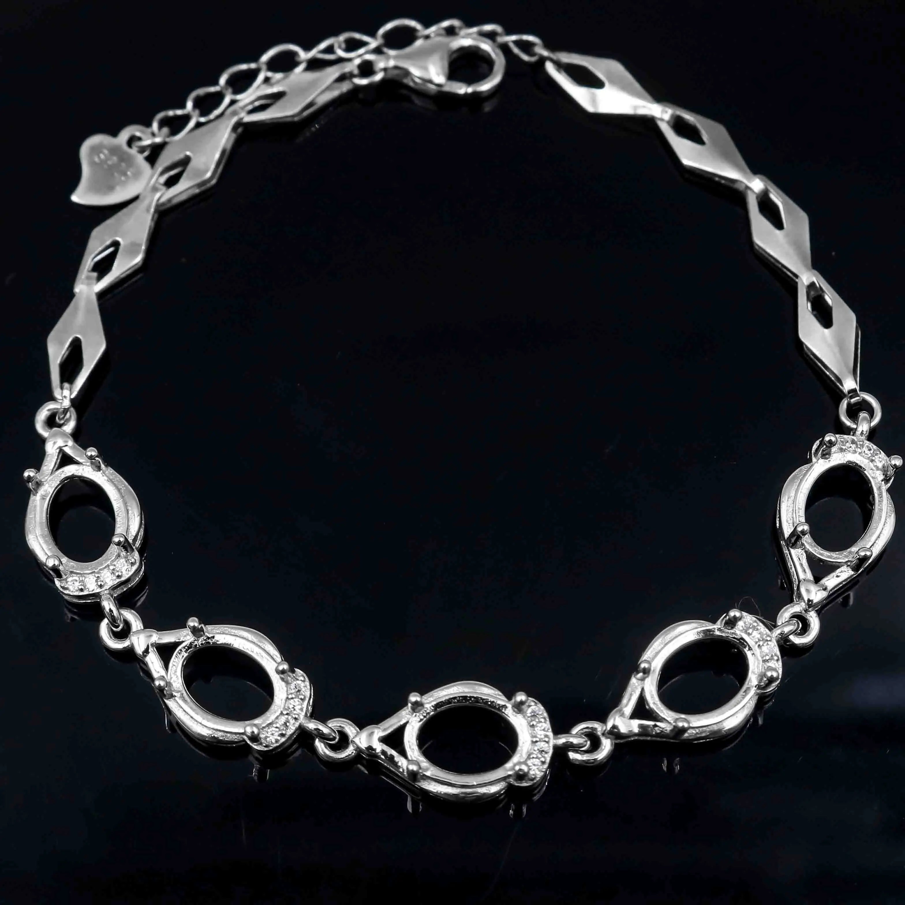 Sterling Silver 6*8mm Semi Mount Bracelet Blank Empty Support Mountain Setting S925 Base Holder Without Stone for DIY Inlay