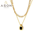 Ason Jewelry Stainless Steel Rectangular Black Diamond Pendant Necklace 18k Gold Plated Double Layer Necklace