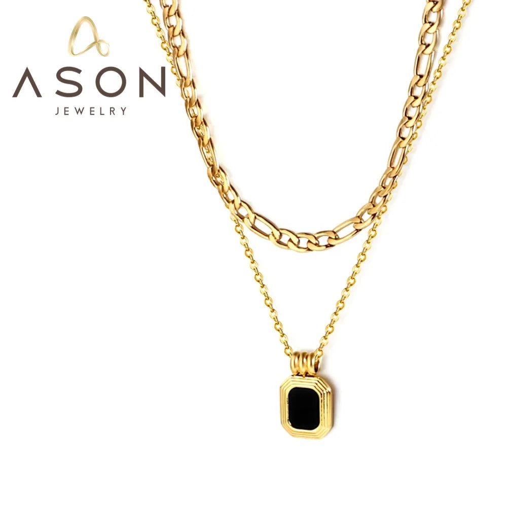 Ason Jewelry Stainless Steel Rectangular Black Diamond Pendant Necklace 18k Gold Plated Double Layer Necklace
