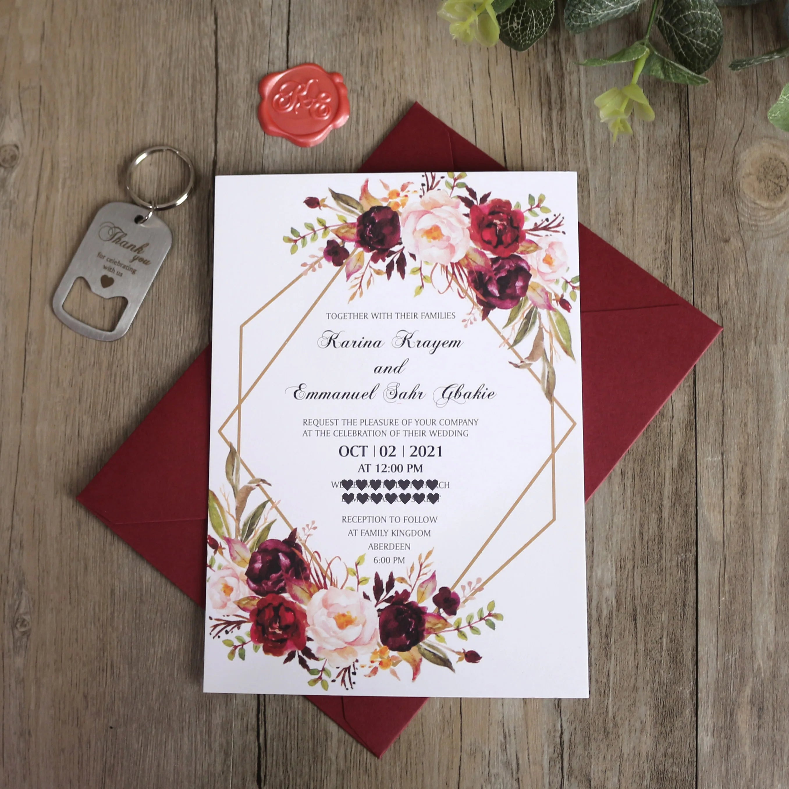 Floral Design Colorful Ink Print Paper Card Luxury Red Envelope with Cute Wax Seal Blank Birthday Wedding Invitation Crafts