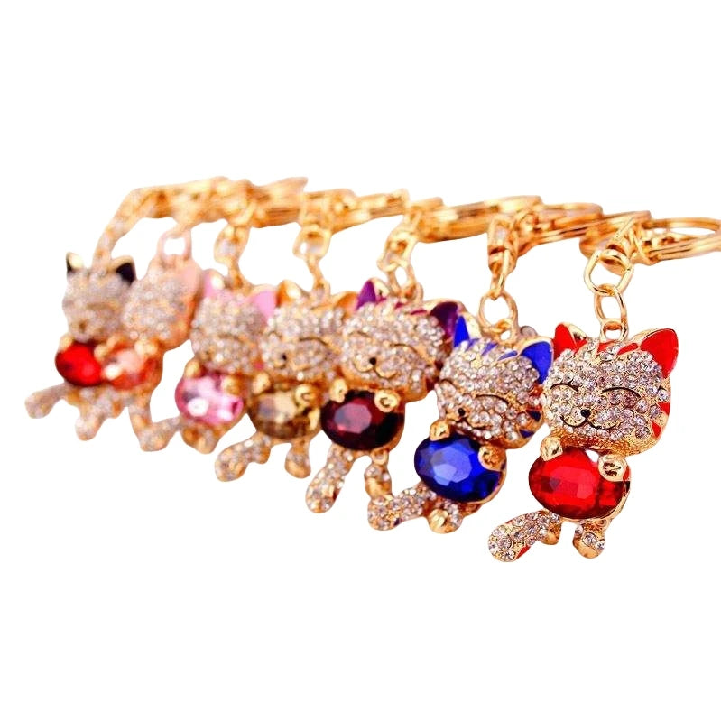 Cute Kitten Bling Crystal Rhinestone Diamond Metal Key Chain Kawaii Animal Sparkling Fortune Lucky Cat Keychain Purse Bag Charm