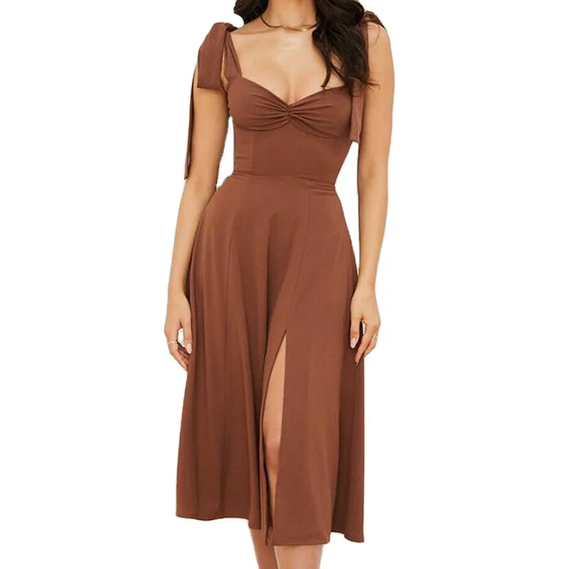 Elegant Long Slip Women's Summer Midi Dress Sleeveless Backless Corset Korean Solid Dresses for Ladies