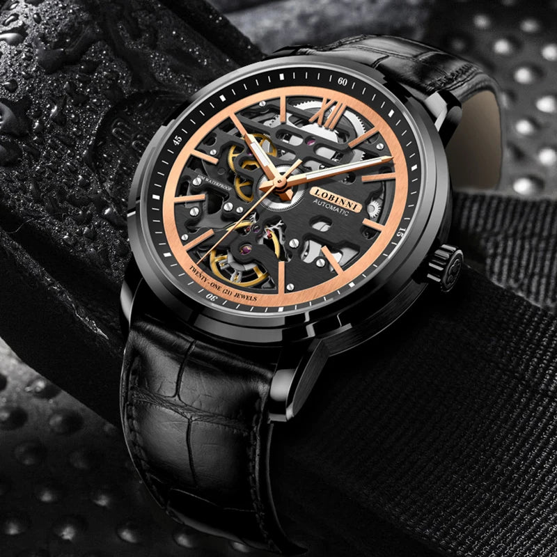 LOBINI Men's Mechanical Watch Stainless Steel Case Leather Strap Automatic Movement Water Resistant Sapphire Crystal Dial Cool