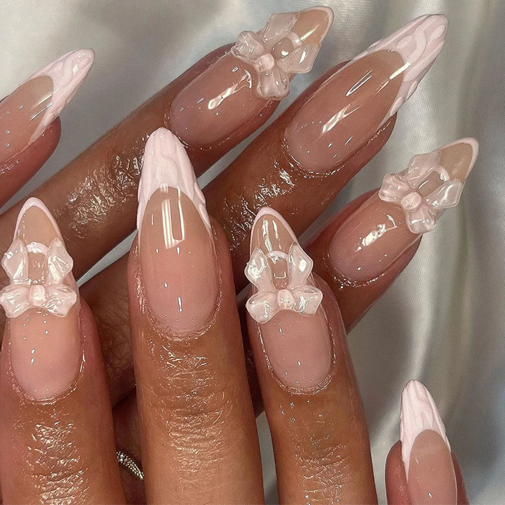 24 Pcs Pointed Drill butterfly Bow Almond French Gradient Cat Eye 3D Pearl Heart Acrylic Press on Nails Customize 3557