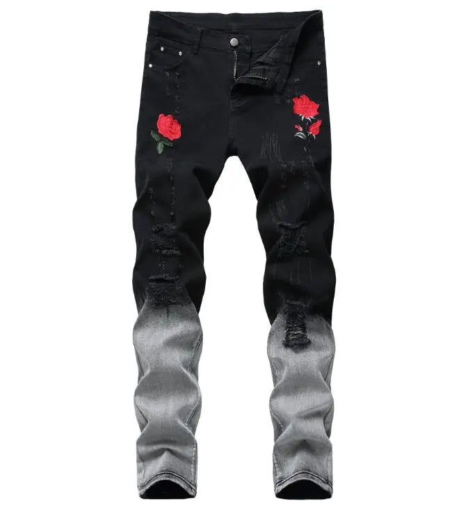 Fashion Ripped Men Jeans Embroidery With Flowers Men's Denim Jeans Stretch Skinny Slim Jean Pants