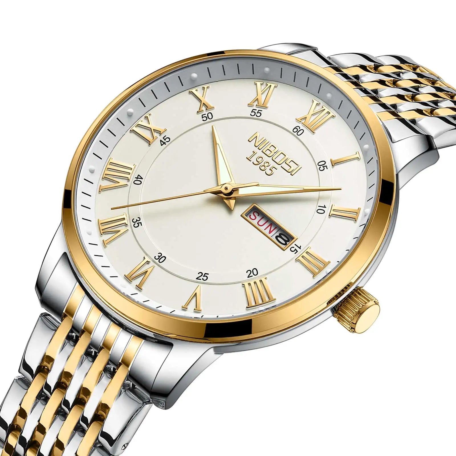 NIBOSI 2569 Roman Number Men Quartz Watches Week Date Display Stainless Steel Strap Waterproof Wristwatch