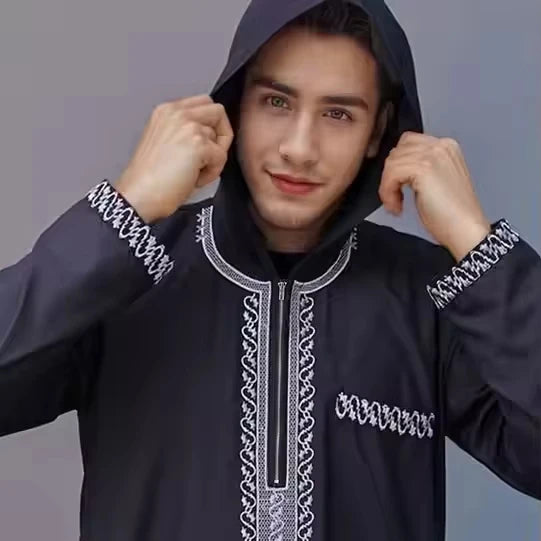 Wholesale Mens Islamic Hooded Moroccan Embroidered Thobe Breathable Polyester Modest Long Sleeve Robe