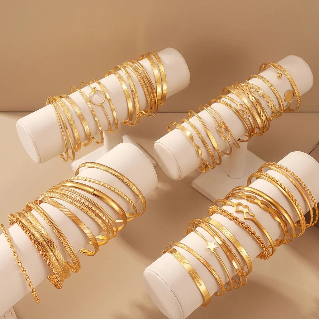 13Pcs/Set Punk Style Gold Color Bracelet Set Flower Twist Heart Design Bracelet for Women Jewelry Wholesale