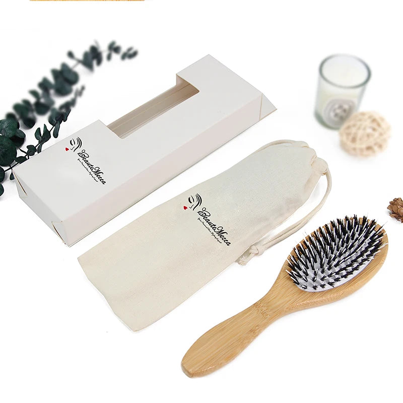 Customize Logo Detangling Nylon and Boar Bristle Hair Brush Bamboo Wood Wig Hair Extension Brush Wig Brush