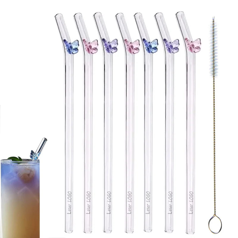 Reusable Drinking Straws butterfly clear Curved Glass Straws with Colourful Butterflies for Bubble Tea Straws