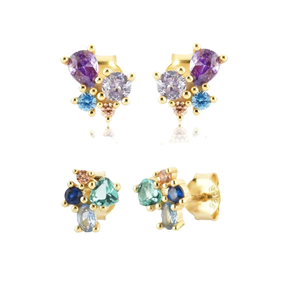 FUAMAY Pendientes 2026 925 Silver Small Earrings Studs Round Cubic Zirconia Colorful Rainbow Stone Studs Earrings for Girls