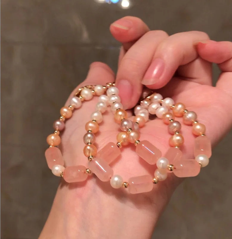 Pink Natural Freshwater Pearl Healing Rose Quartz Bucket String Beads Bracelets for Women Girls