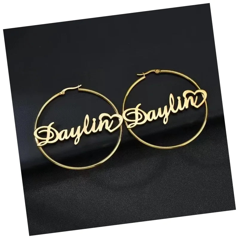 DAIHE Hip Hop Stainless Steel Personalized Name Letter Design Gold Pattern Hoop Earrings