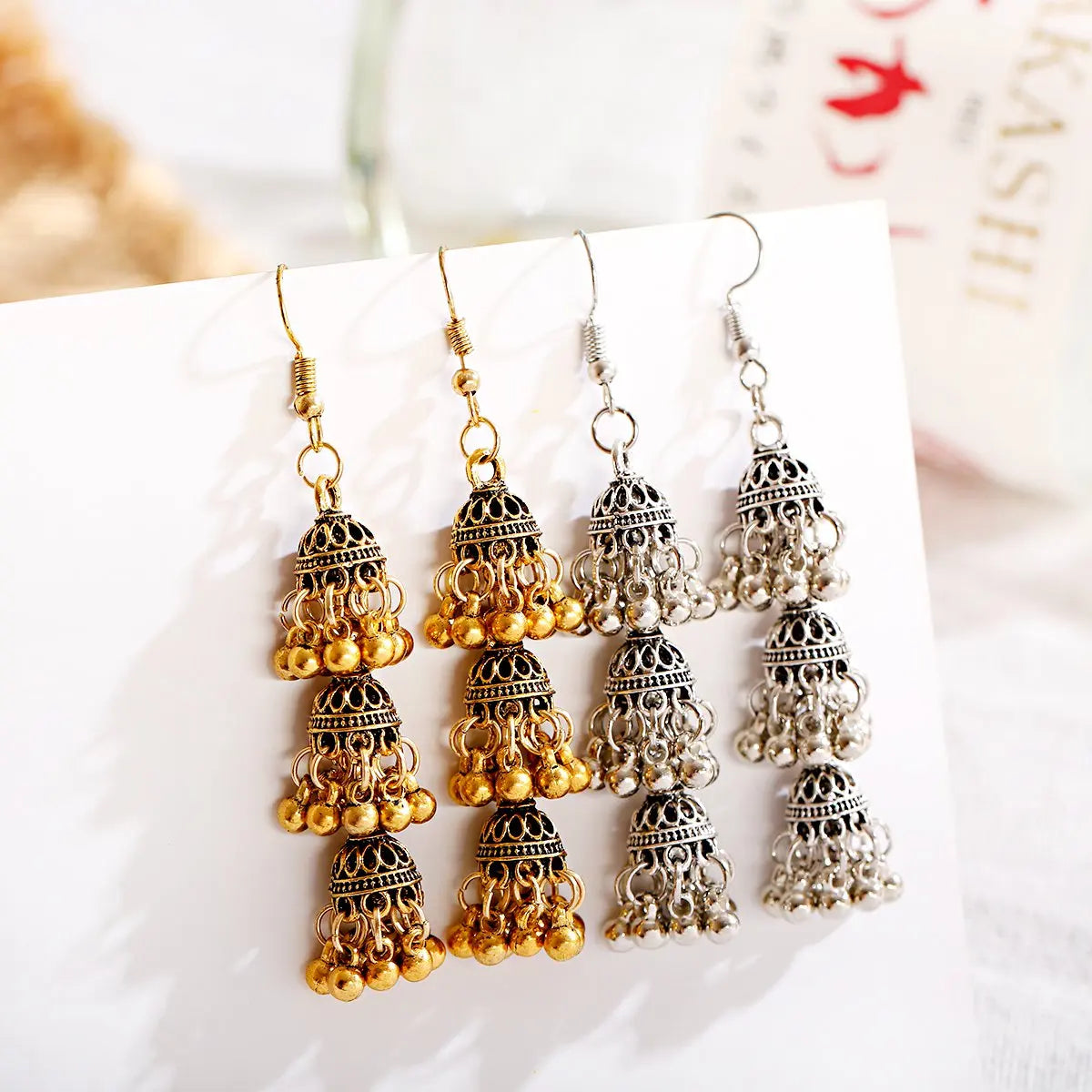 Vintage Indian Jhumka Jhumki Earrings Bollywood Three-layer Birdcage Long Drop Dangle Earrings for Women Gypsy Tribe Jewelry