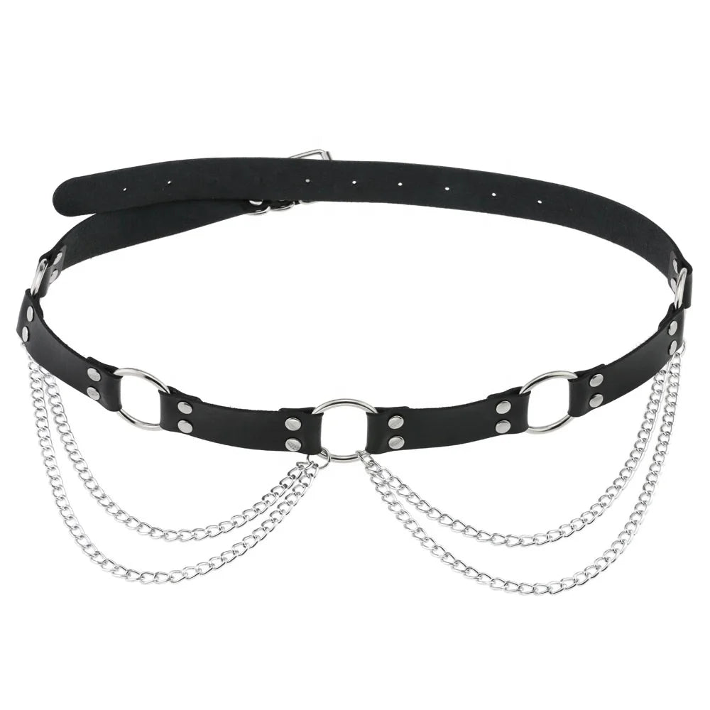 Punk Ring Splicing Belt Waist Chain Belt Hipster Women's Accessories Personality Leather Chain O-shaped Waist Wrap Belt