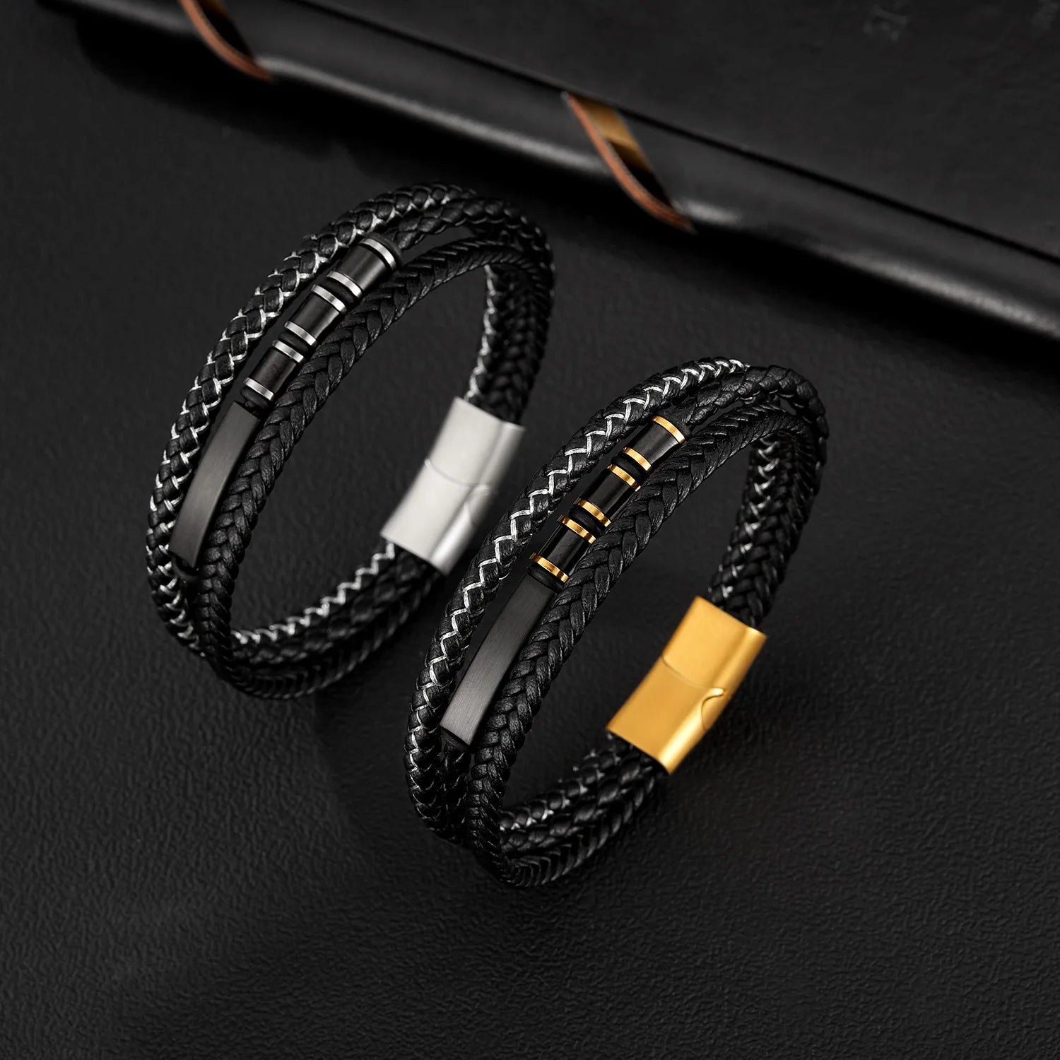 New Design Fashion Fiber Synthetic Leather Bracelet Magnetic Clasp Multi Layer Braided Leather Bracelet for Men Jewelry