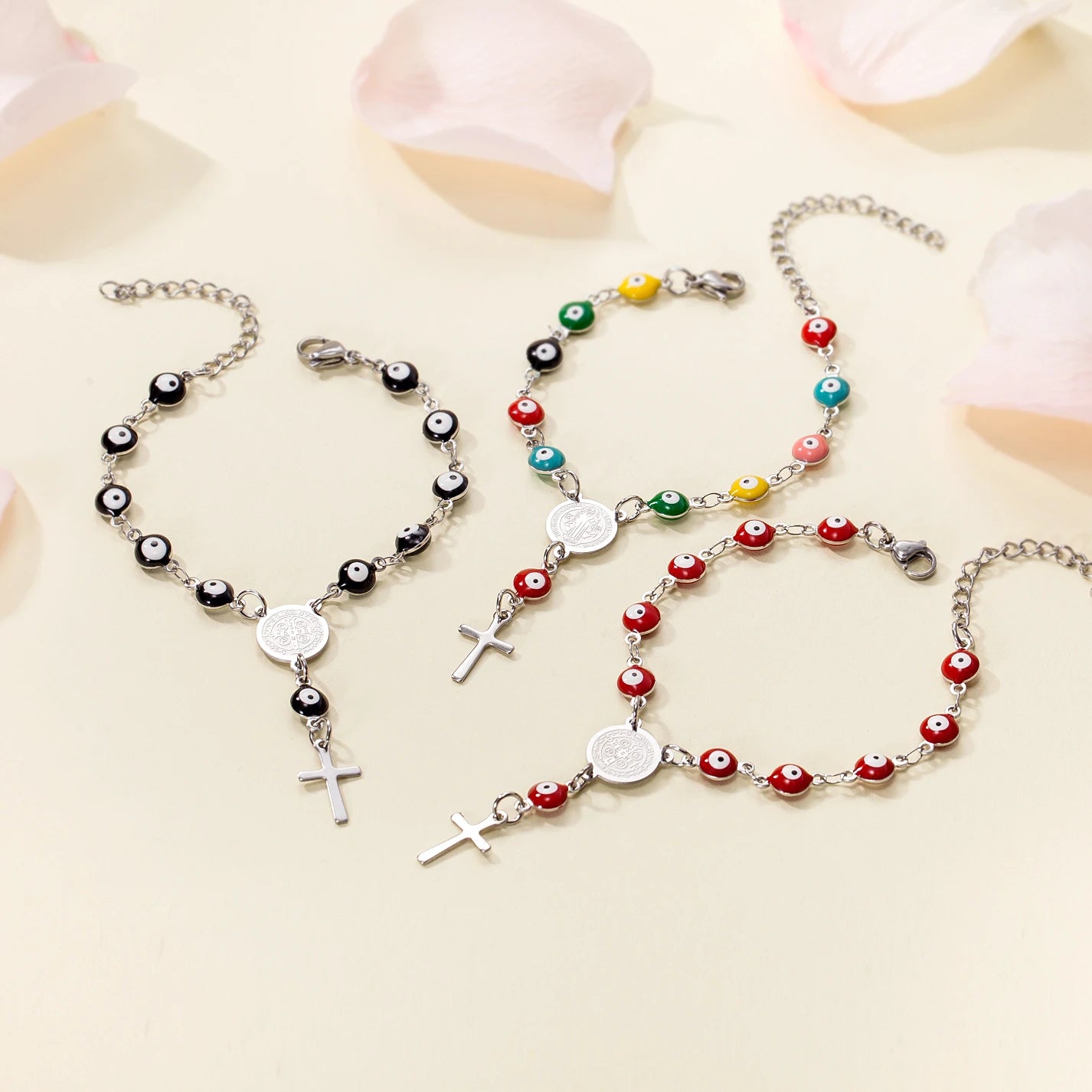 Wholesale New Stainless Steel Female 18k Gold Plated Round Eye Bead Bracelet Cross Devil Eye Bracelet