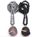 Women Necklace Bohemian Tribal Jewelry Silver Black Lava Stone  Long Knotted Stone Irregular Circle Disco Pendant Necklace