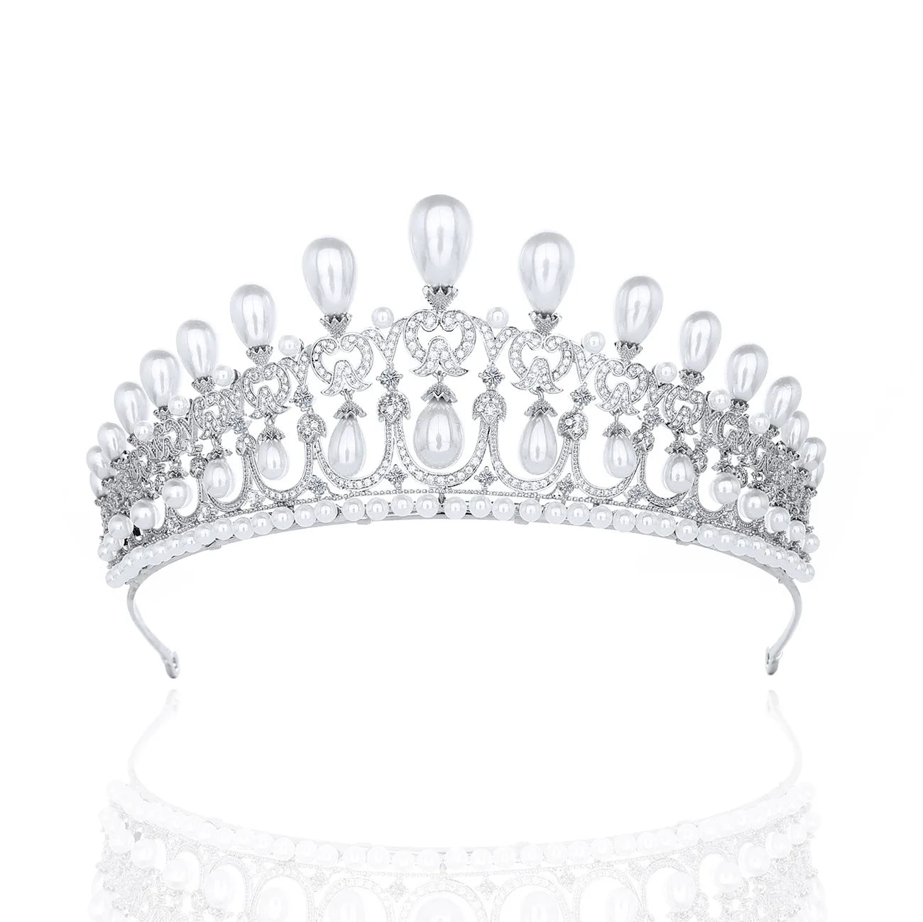Romantic Delicate Design White Color Pearl and Zirconia Bridal Crown and Tiara