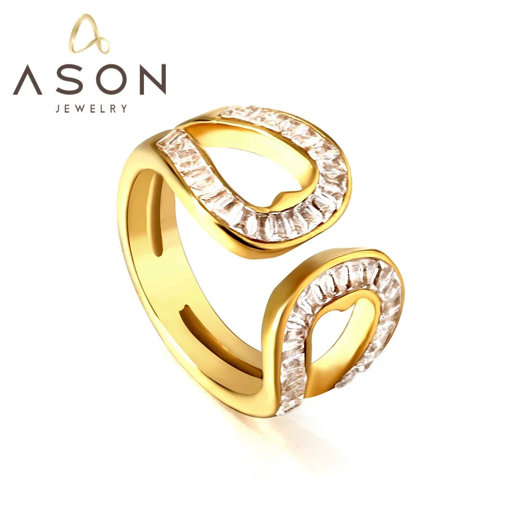 Ason New High-quality Retro Rings Women Design Personality Stainless Steel Jewelry Hollow Heart-shaped White Zircon Open Rings