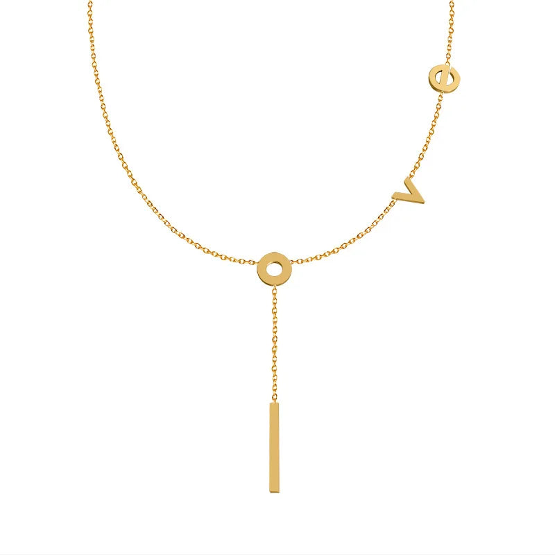 Korea Titanium Steel 18k Gold Plated English Love Letter Tassel Pendant Y Shape Necklace Accessories