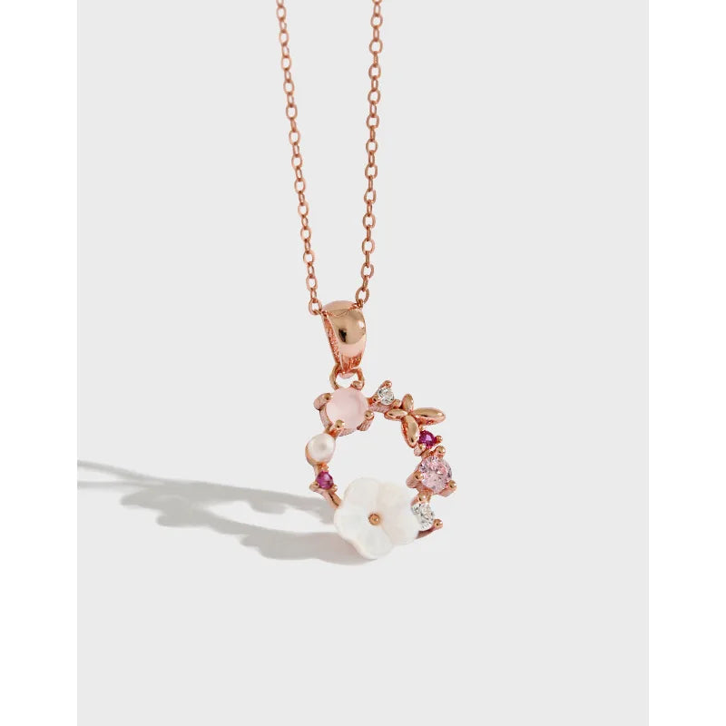 18K Rose Gold 925 Sterling Silver Pearl CZ Flower Pendant Necklace for Women Wedding Jewelry