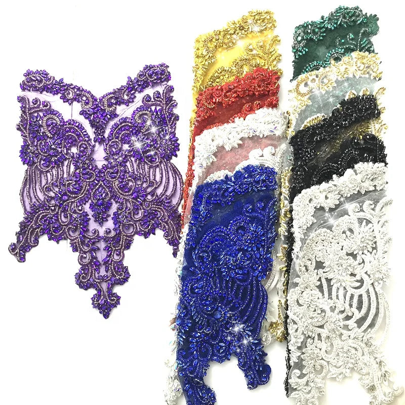 W017 Newest Hotsale Fashion Embroidered Beaded Applique Rhinestone Applique for Panel Dress