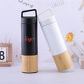 Eco Friendly Custom Logo Wide Mouth Stainless Steel Double Wall Vacuum Flask Insulated Bamboo Travel Water Bottle with Handle