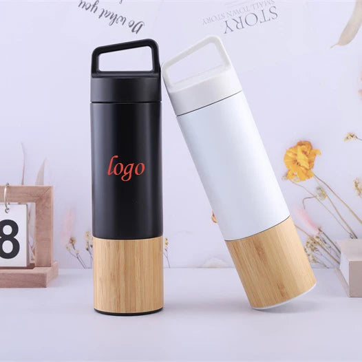 Eco Friendly Custom Logo Wide Mouth Stainless Steel Double Wall Vacuum Flask Insulated Bamboo Travel Water Bottle with Handle