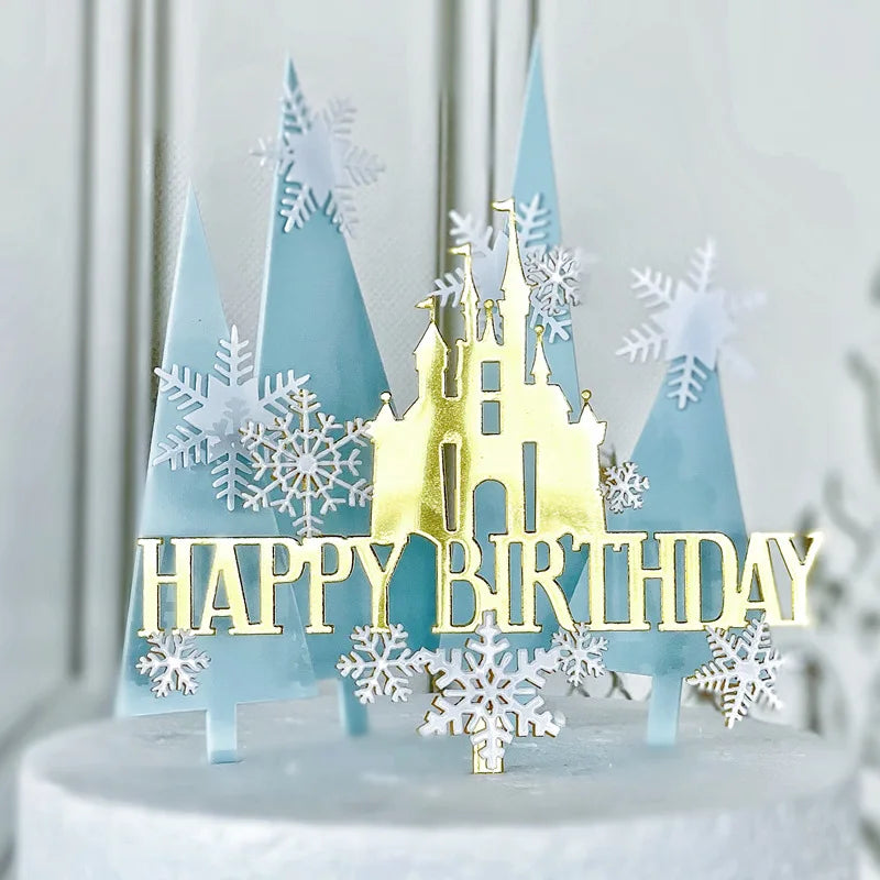 Ychon 2024 Newest Snow Castle Happy Birthday Decorations Cake Toppers Party Props Princess Castle Acrylic Topper