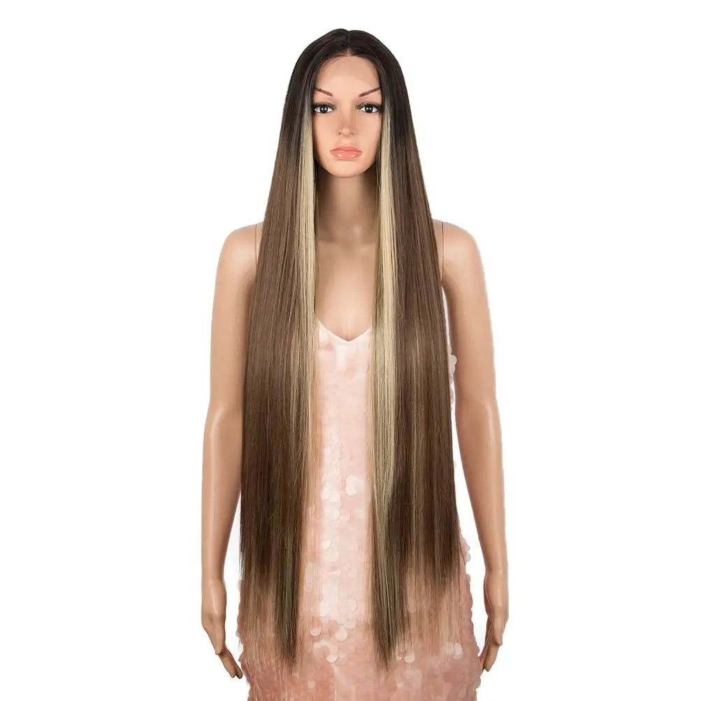 Noble 38" Super Long Straight Lace Front Wigs 6" Deeper Middle Part Black Synthetic Hair Wigs (38" 1B)