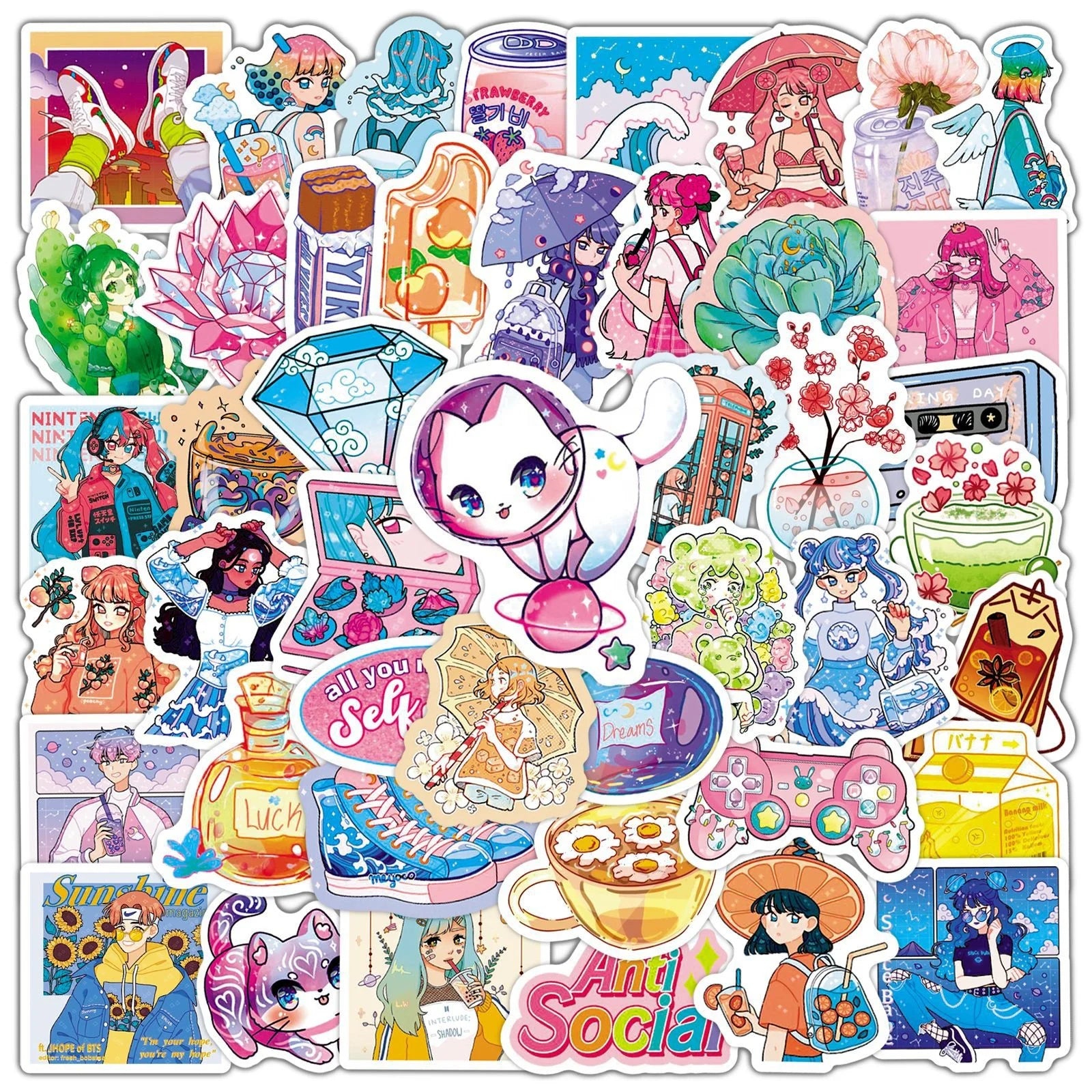 50Pcs Crystal Colorful Fresh Girl Cat Cute Notebook Diary Phone Tablet Bottle Diy Decor Kawaii Lovely Label Stickers