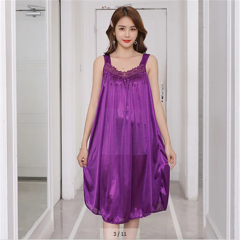 Women's Suspender Nightgown Thin Ice Silk Midi Nightdress New Lady Loose Summer Sleepwear