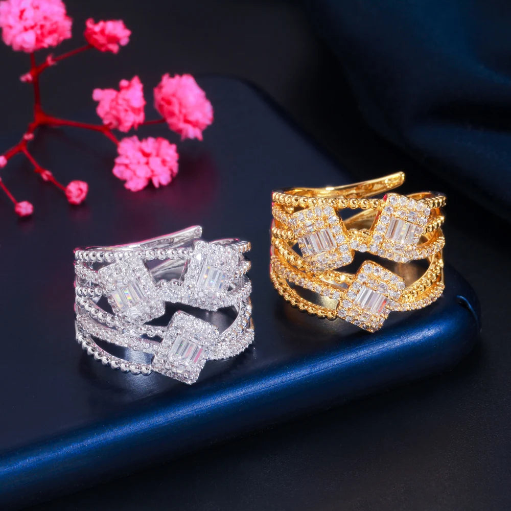 Sparkling Design Rectangle White Cubic Zircon Crystal Adjustable Finger Graduation Ring for Women Bridal Accessories