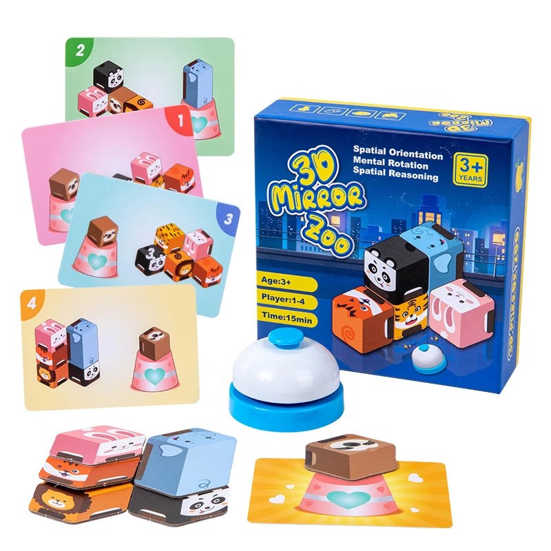Montessori Educational 3D Mirror Zoo Puzzle Animal Card Shape Logical Blocks Interaction Games Toys for Kids Boys Girls