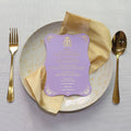 Royal Gold Foiling Printing Purple Lavender Paper Wedding Menu with Custom Personalized Design